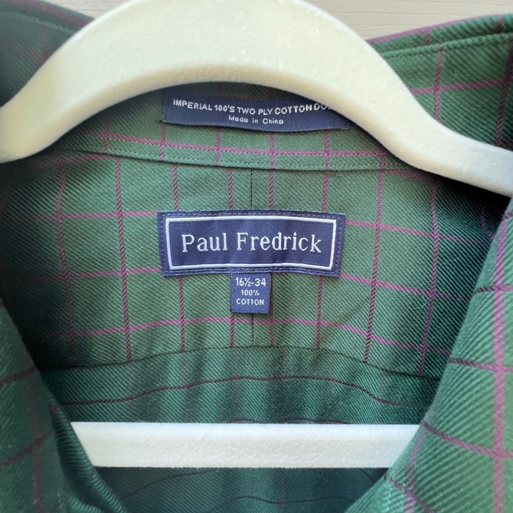 Paul Fredrick Mens Green Purple Grid Imperial 100s Cotton Dobby Shirt 16.5 34